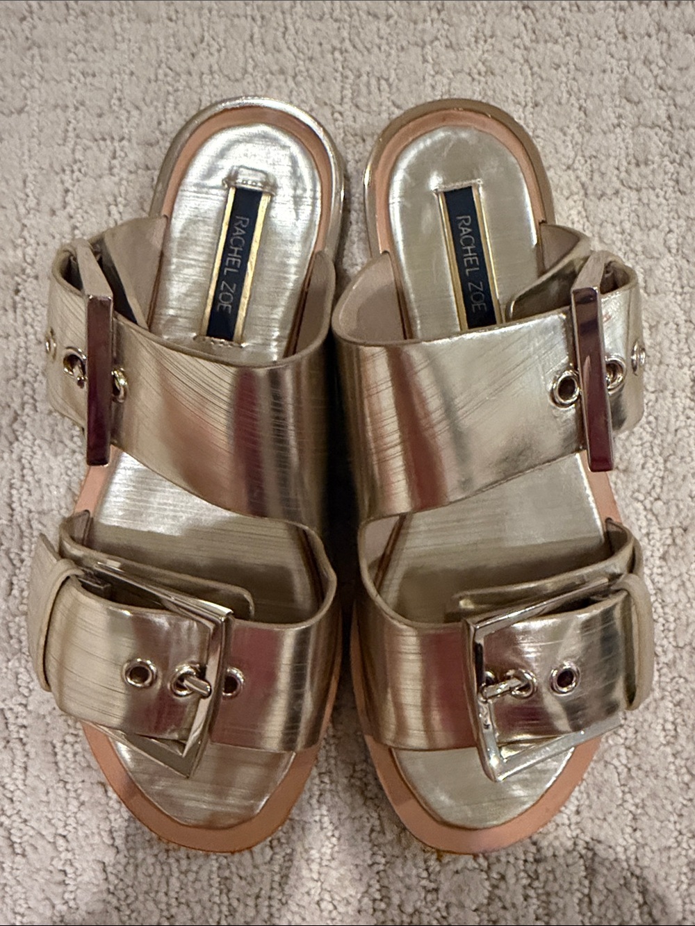 Rachel Zoe Metallic Gold Double Buckle Slide Mules - Picture 2 of 6